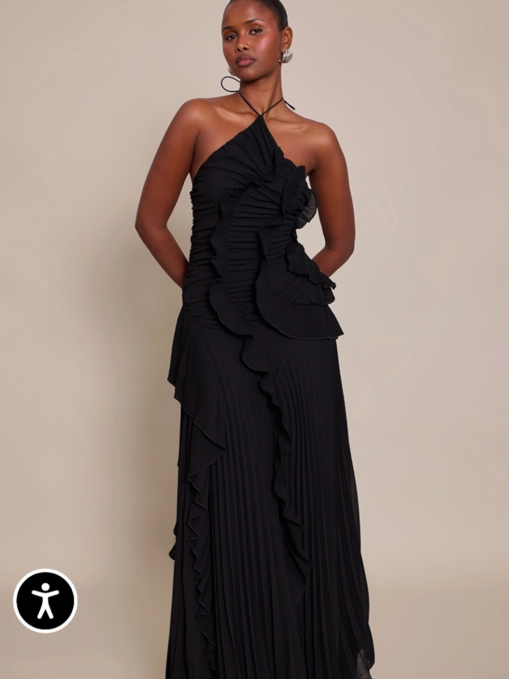 PrettyLittleThing Black halter Ruffle Maxi Dress
